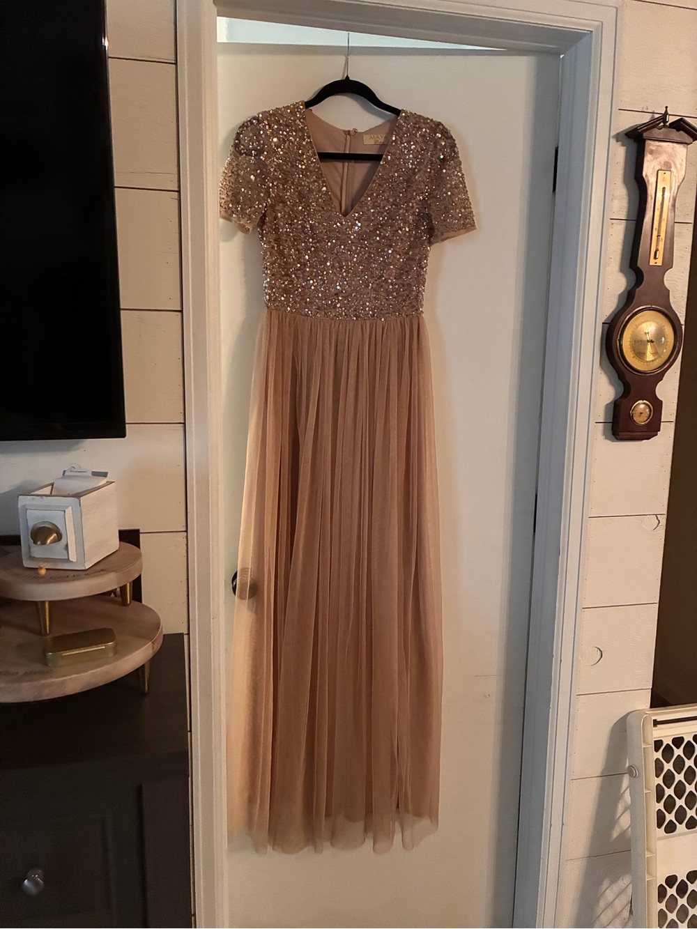 Sequined V-Neck Tulle Evening Dress in Champagne